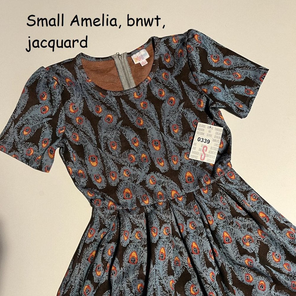 Small Lularoe Amelia dress, jacquard, brown with peacock feathers